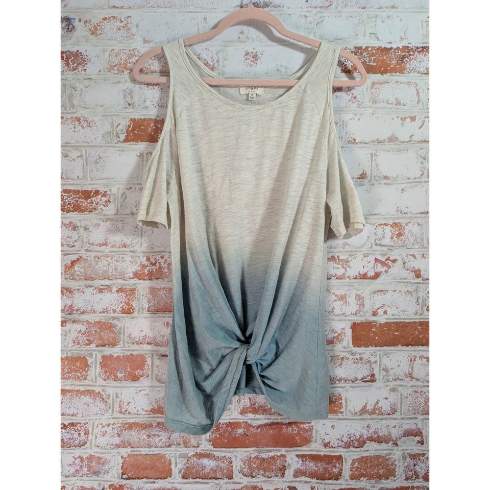 Umgee Cold Shoulder Top‎ Women Medium Blue Cream Ombre Knot Front RT816